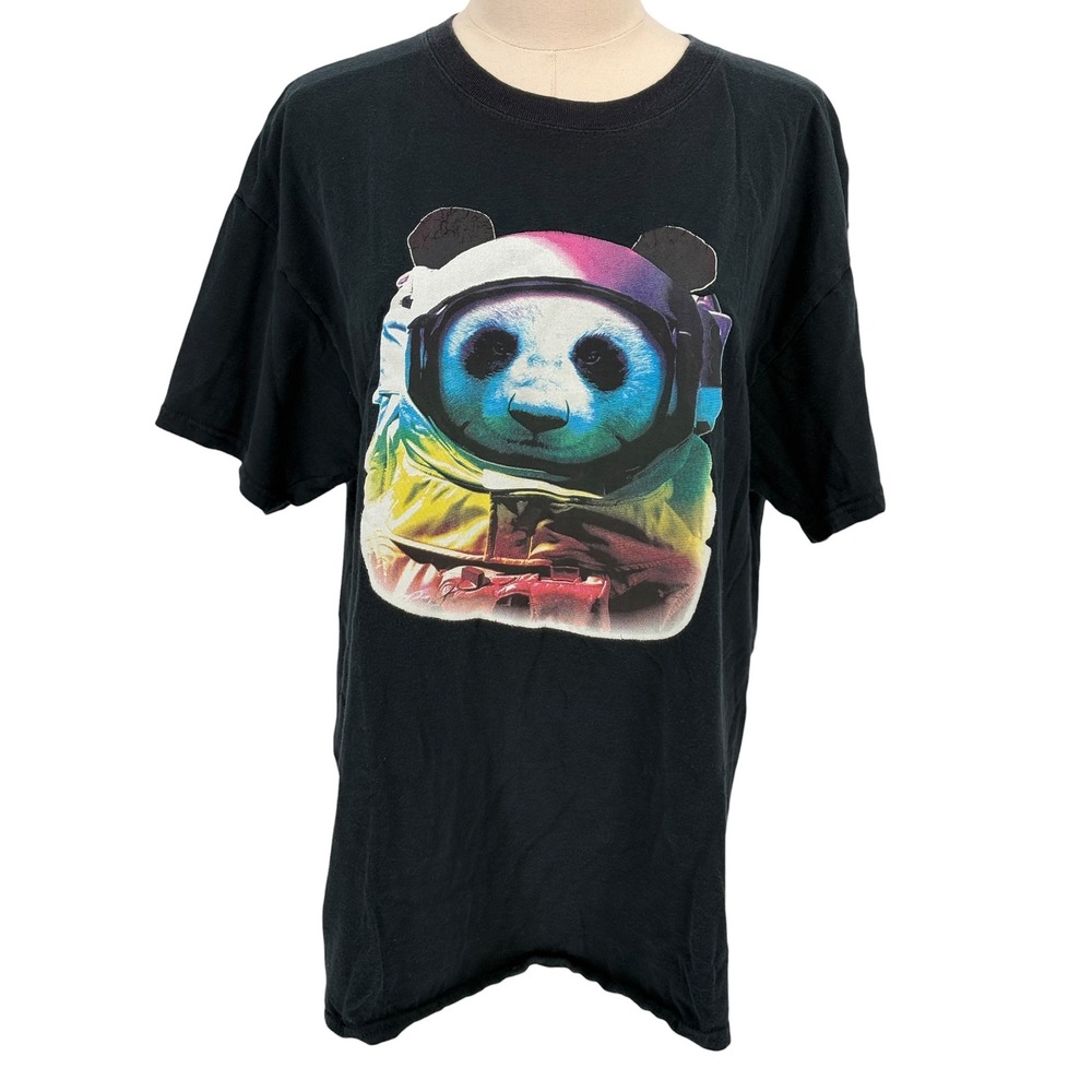 Gildan Graphic T-Shirt Black Rainbow Astronaut Panda 100% Cotton Large